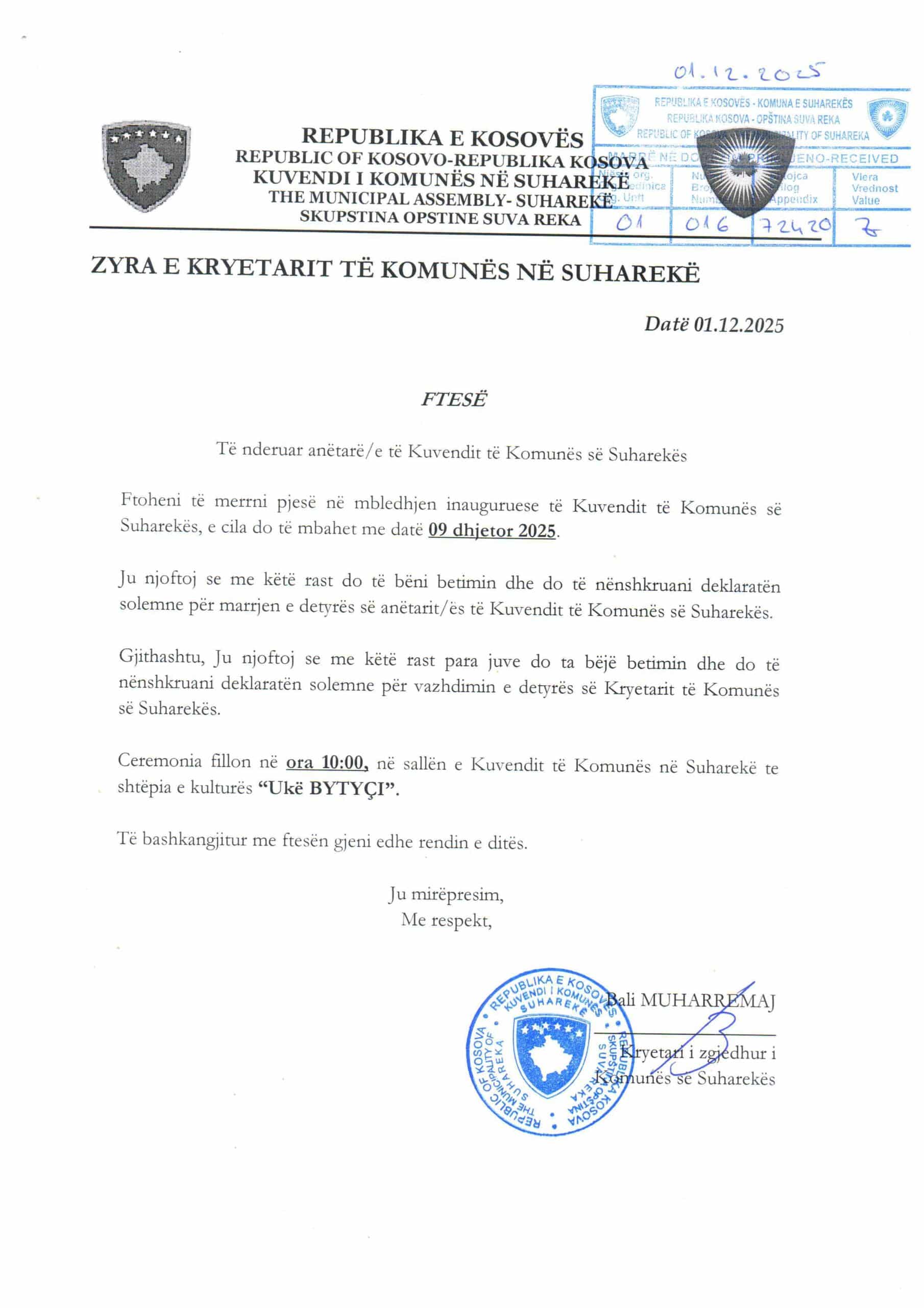 Ftesë për mbledhje inauguruese