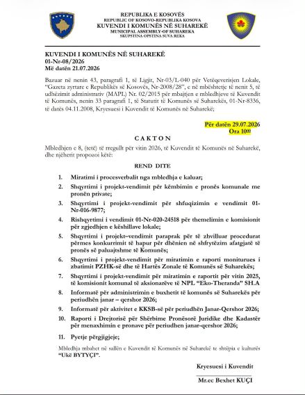 CAKTOHET MBLEDHJA E TETË E RREGULLT E KUVENDIT KOMUNAL